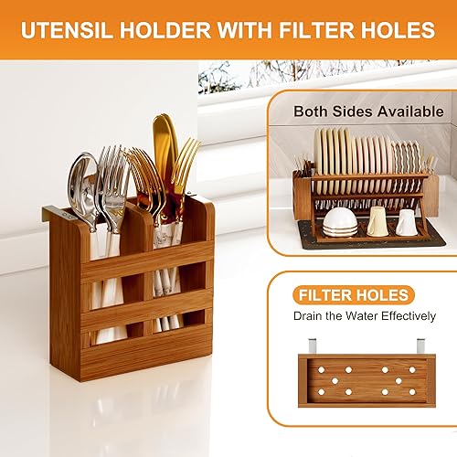 Miniatura 10 de Greenual Escurridor de platos de bambú con soporte para utensilios, estante plegable de 3 niveles, estantes de madera para encimera de cocina,