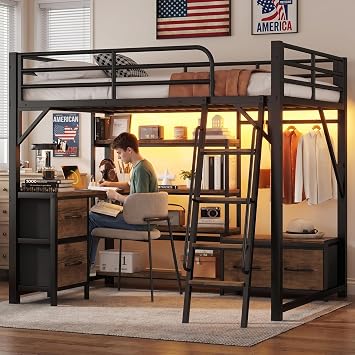Full Size Loft Bed with Desk & Storage Drawers/Shelves, Metal Loft Beds Frame with RGB LED Lights, Charging Station, Modern Bunk Bed with Coat Rack for Studio Apartment/Dorm/Teens Bedroom, Black