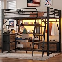 Full Size Loft Bed with Desk & Storage Drawers/Shelves, Metal Loft Beds Frame with RGB LED Lights, Charging Station, Modern Bunk Bed with Coat Rack for Studio Apartment/Dorm/Teens Bedroom, Black