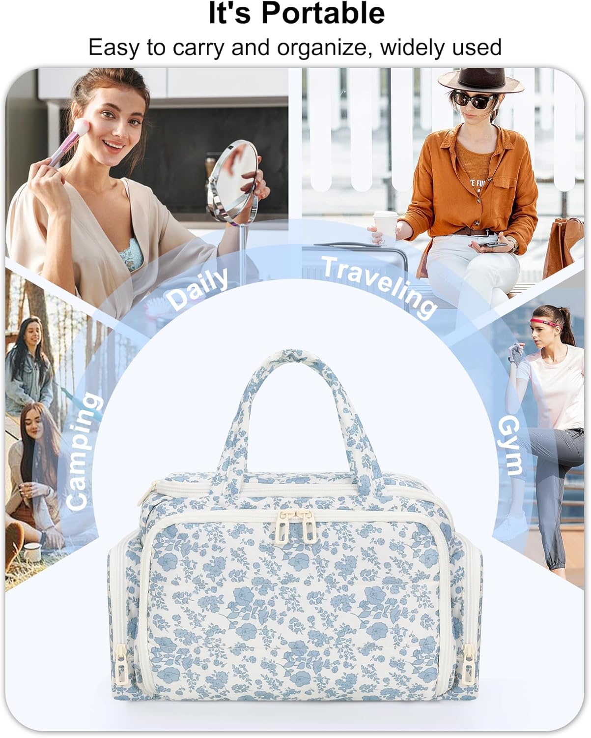 Travel Makeup Bag, Lightweight Wide-open Toiletries Bag for Women, Large Cosmetic Organizer Bag with Makeup Brushes Compartment for Travel-Sized Essentials for Trip, Camping - Blue Flower - Image 7