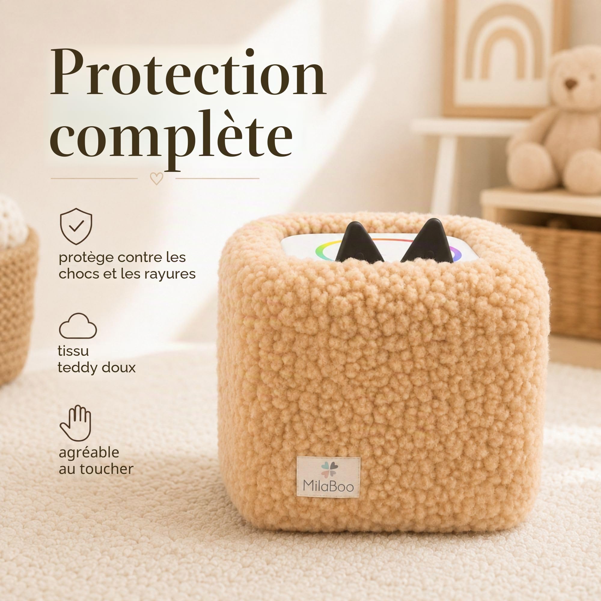 Milaboo Housse en peluche de qualité supérieure pour Toniebox 1 et 2, fabriquée à la main en Allemagne, avec tissu en peluche doux, housse de protection et manipulation facile (beige)