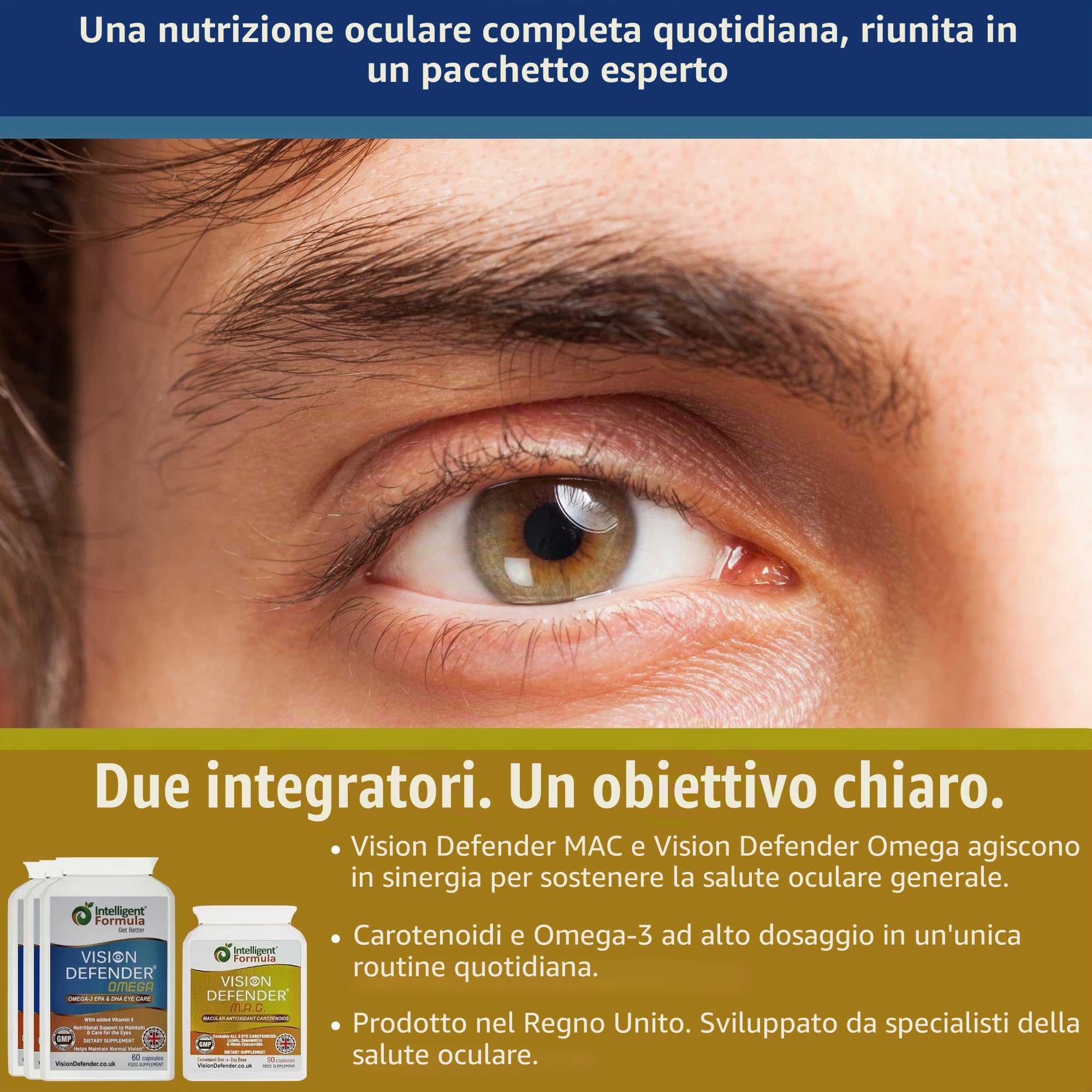Vision Defender MAC & Omega Bundle Cura Occhi Quotidiana - Luteina Zeaxantina Meso-Zeaxantina Carotenoidi - Omega-3 Olio Pesce (EPA, DHA) - Vitamine Occhi - 90 Giorni - 270 Capsule - UK
