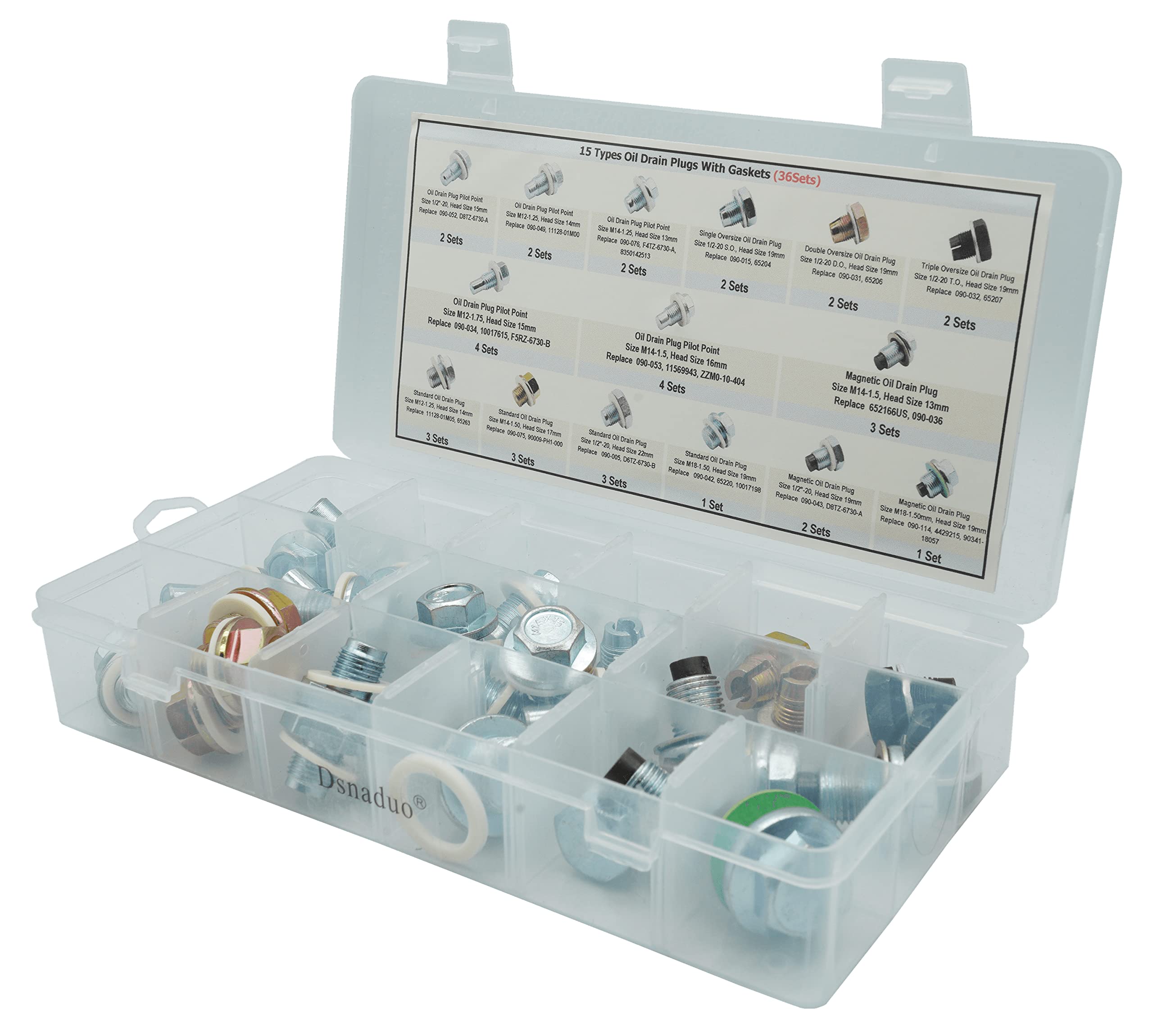 15 Types Oil Drain Plug with Inset Gasket (36 Sets), Oil Drain Plug Pilot Point Master Assortment Kits Replace 652166US, 090-036, 090-043,090-052