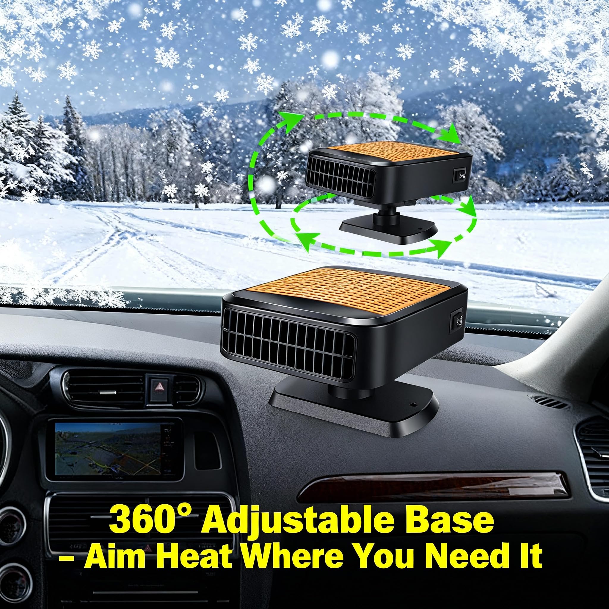 Ventilateur de chauffage portable pour voiture, 200W chauffage rapide dégivreur désembueur, 2 en 1 chauffage refroidissement séchoir ventilateur chauffant rotation 360°, qui se branche sur