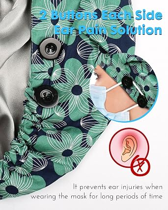 Satin Lined Bouffant Scrub Nurse Cap with 4 Buttons and Sweatband Adjustable