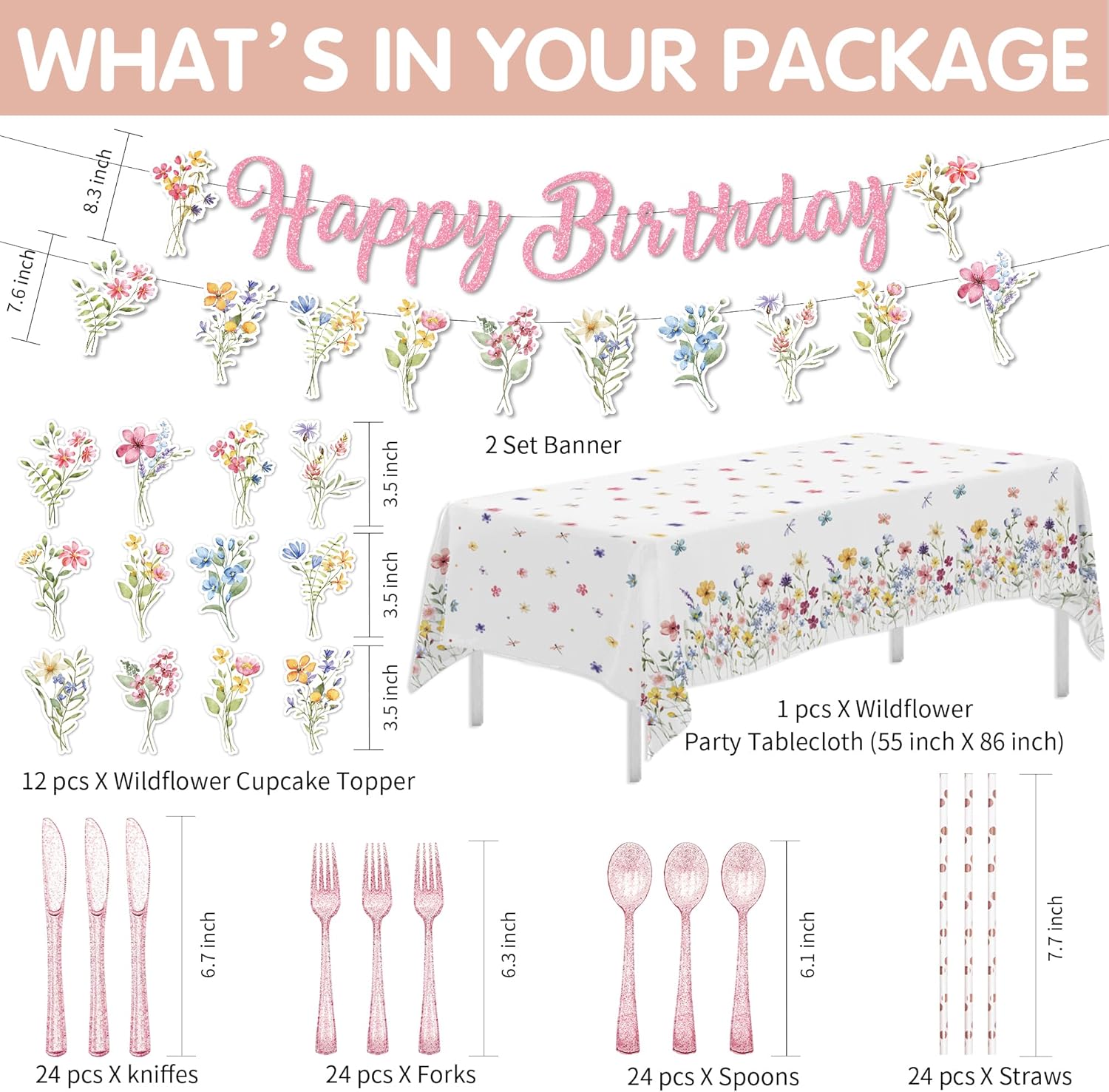 Wildflower Party Supplies, Floral Party Decorations Tableware, Plate, Napkins, Cup, Cutlery, Tablecloth, Backdrop, Banner, Spring Summer Flower Decorations For Birthday, Baby Shower, Serve 24 - Image 4