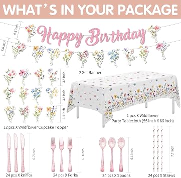 Wildflower Party Supplies, Floral Party Decorations Girl, Serves 24 | Paper Plate, Napkin, Cup, Cutlery, Tablecloth, Backdrop, Banner, Spring Summer Flower Decorations for Birthday, Baby Shower