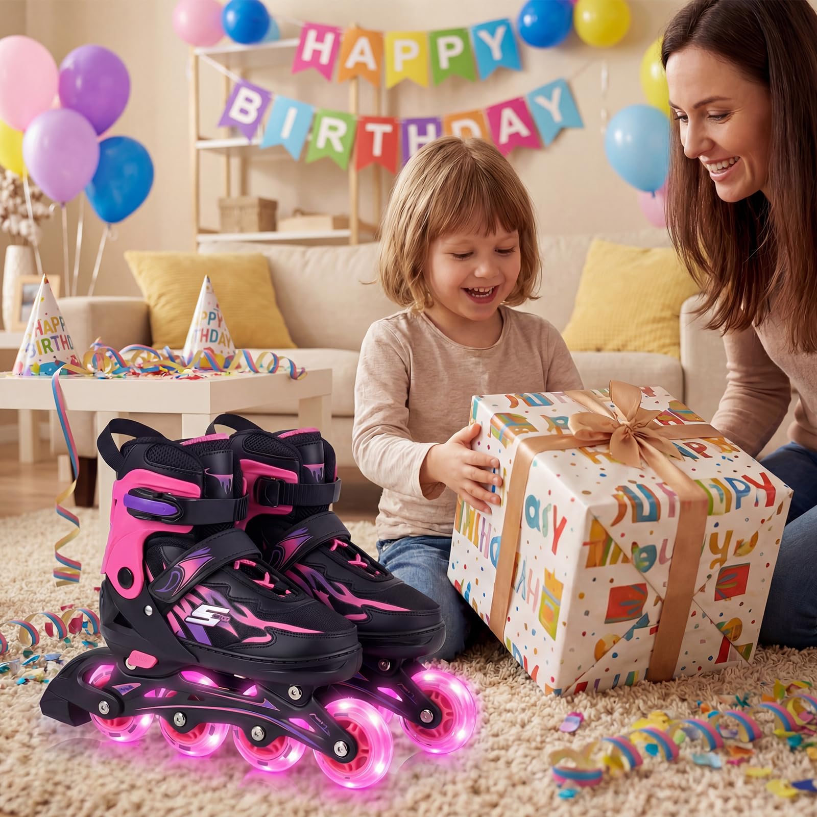 COSTWAY Pattini in Linea a 4 Ruote per Bambini Regolabili 4 Taglie con Luci e Protezione 5-14 Anni