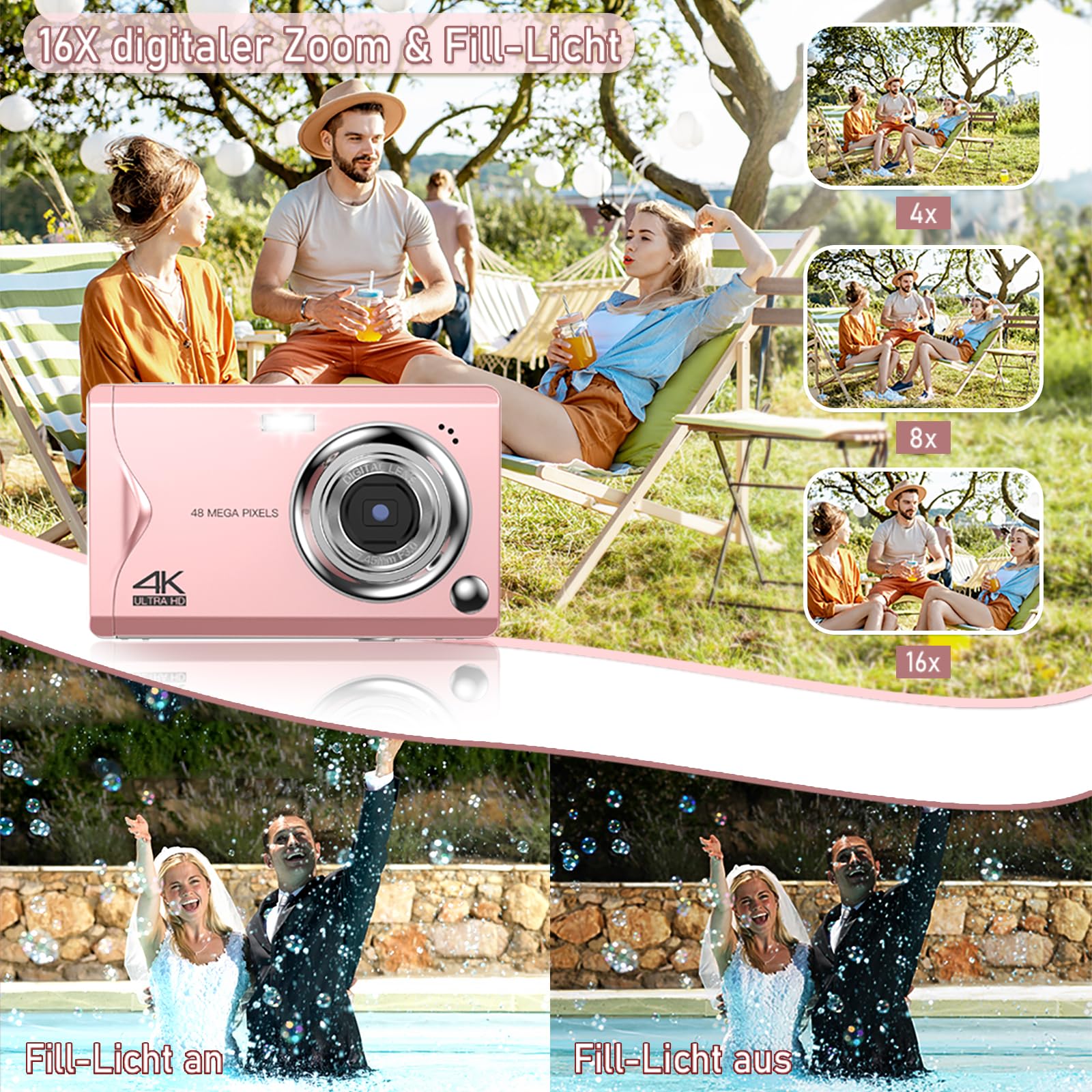 Cámara Digital 4K HD 1080P 48MP - Compacta Con Tarjeta SD 32GB, Pantalla LCD, Zoom Digital 16x Para Principiantes (Rosa)