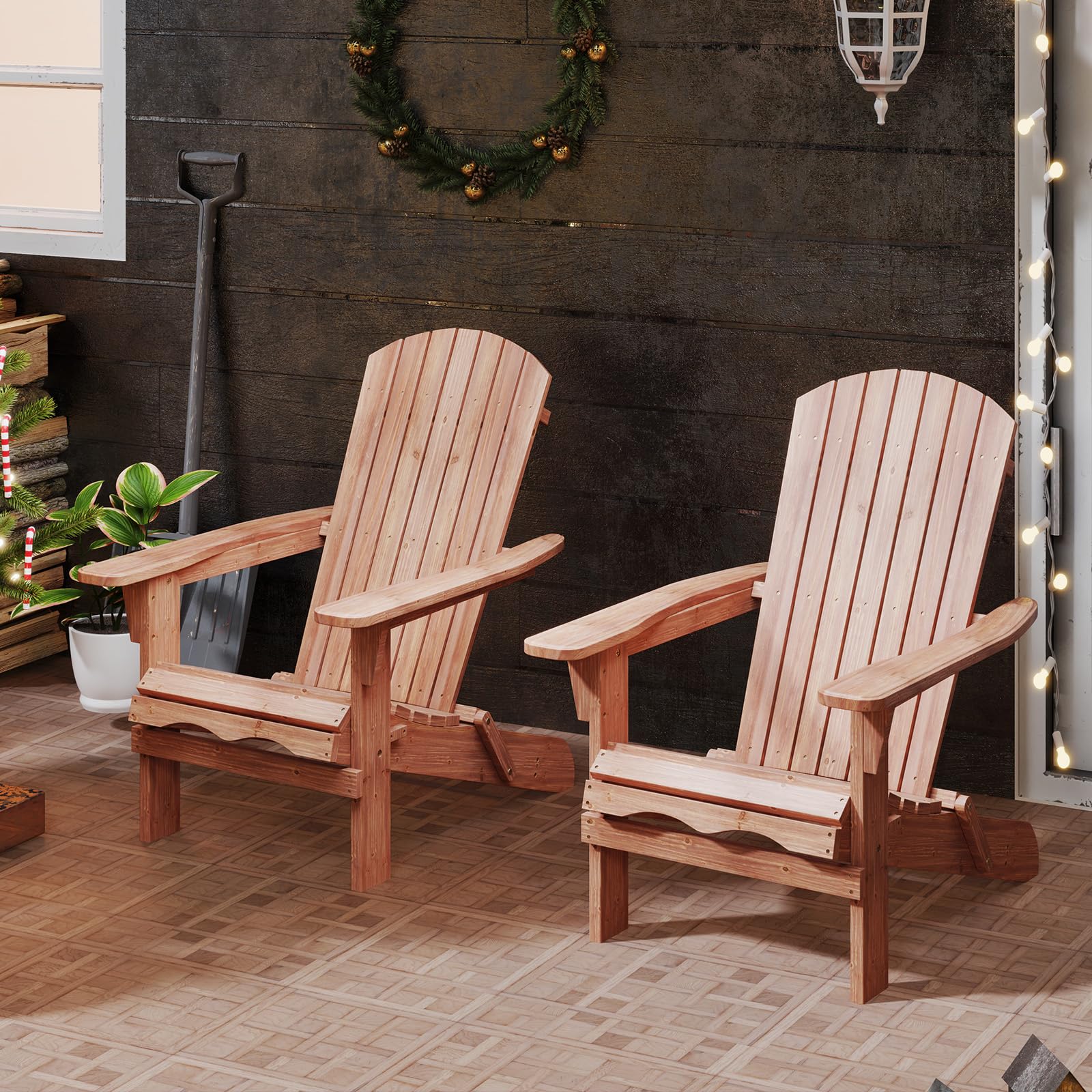 GOPLUS Lot de 2 Chaises Adirondack, Chaise d'Extérieur Pliable avec Cadre Bois Massif, Dossier Incurvé et Accoudoirs Larges, Max. 180 Kg, pour Terrasse, Jardin, Piscine (89 x 71 x 94 cm,Naturel)