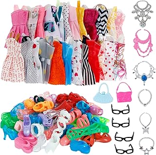 BJDBUS 32 pcs Random Doll Clothes and Accessories Including 10 pcs Fashion Mini Dresses 22 pcs Shoes, Glasses, Necklaces, Handbag Accessories for 11.5 Inch Girl Doll