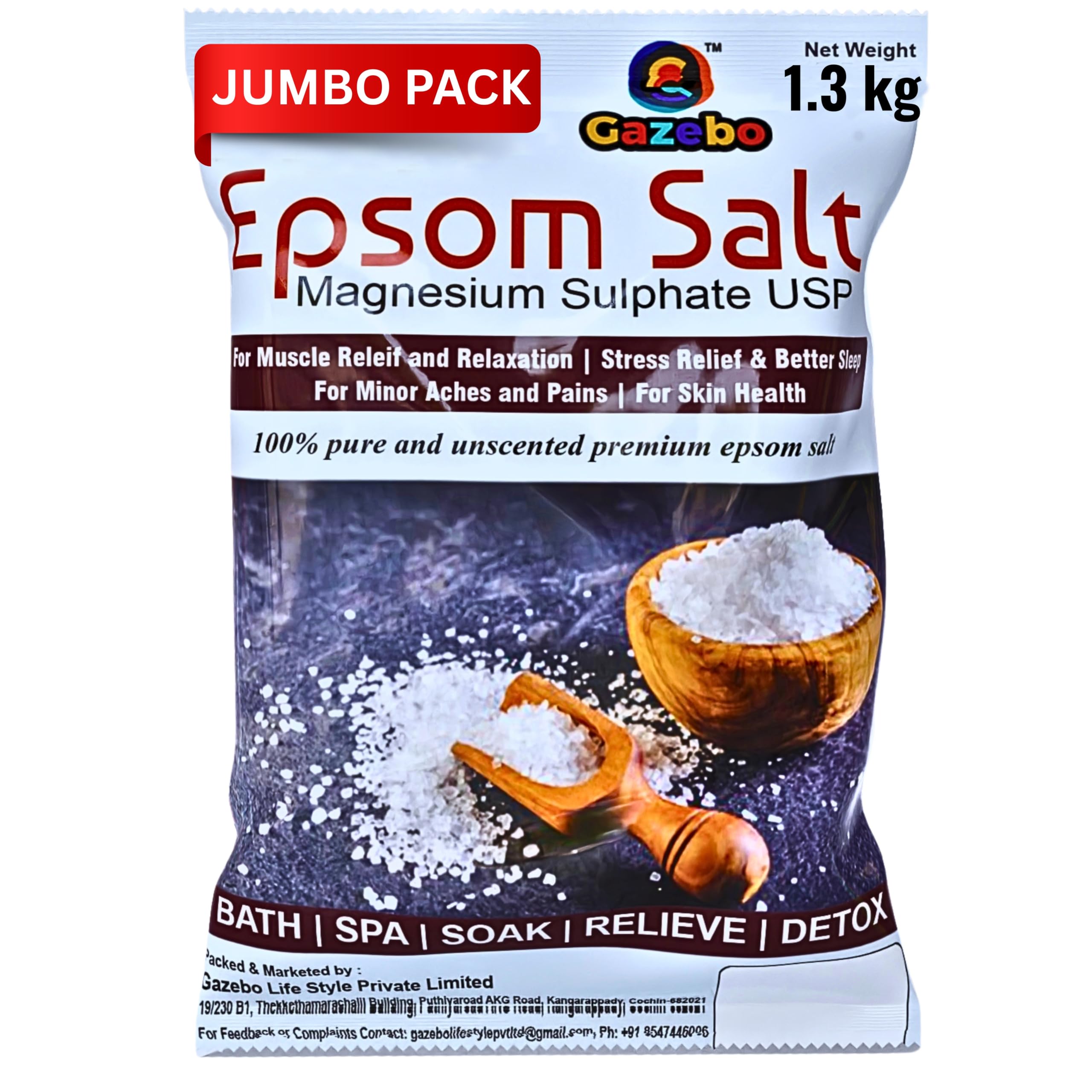 Gazebo Epsom Salt 1.3 Kg Jumbo pack | Unscented Pharma Grade Bath Salt for Foot Soak, Body Scrub, Skin Detox & Spa Bath |100% Pure Magnesium Sulfate Bath Crystals Relieves Muscle Pain, Stress, Softens Skin & Relax-image-24
