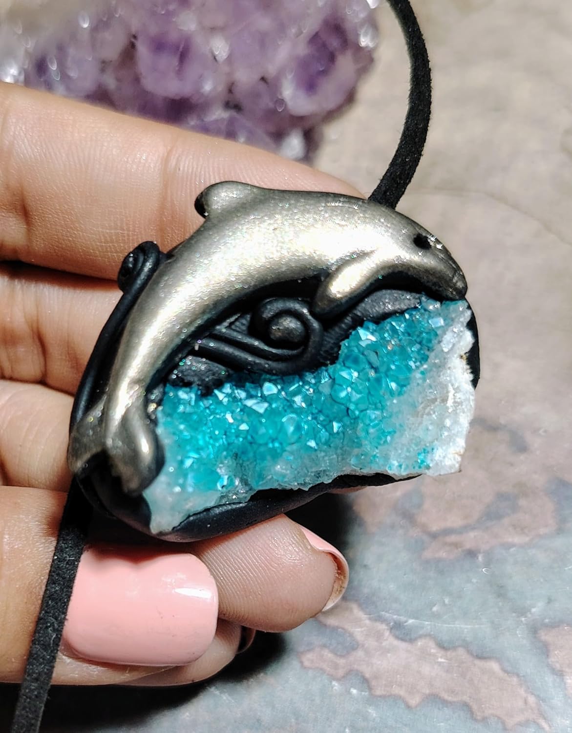 | Dolphin Crystal Necklace | Angel Aura, Aqua Aura Quartz, Moonstone and Labradorite | Sirius Starseed Jewelry Gifts | Spiritual Ocean Pendant for Energy Connection