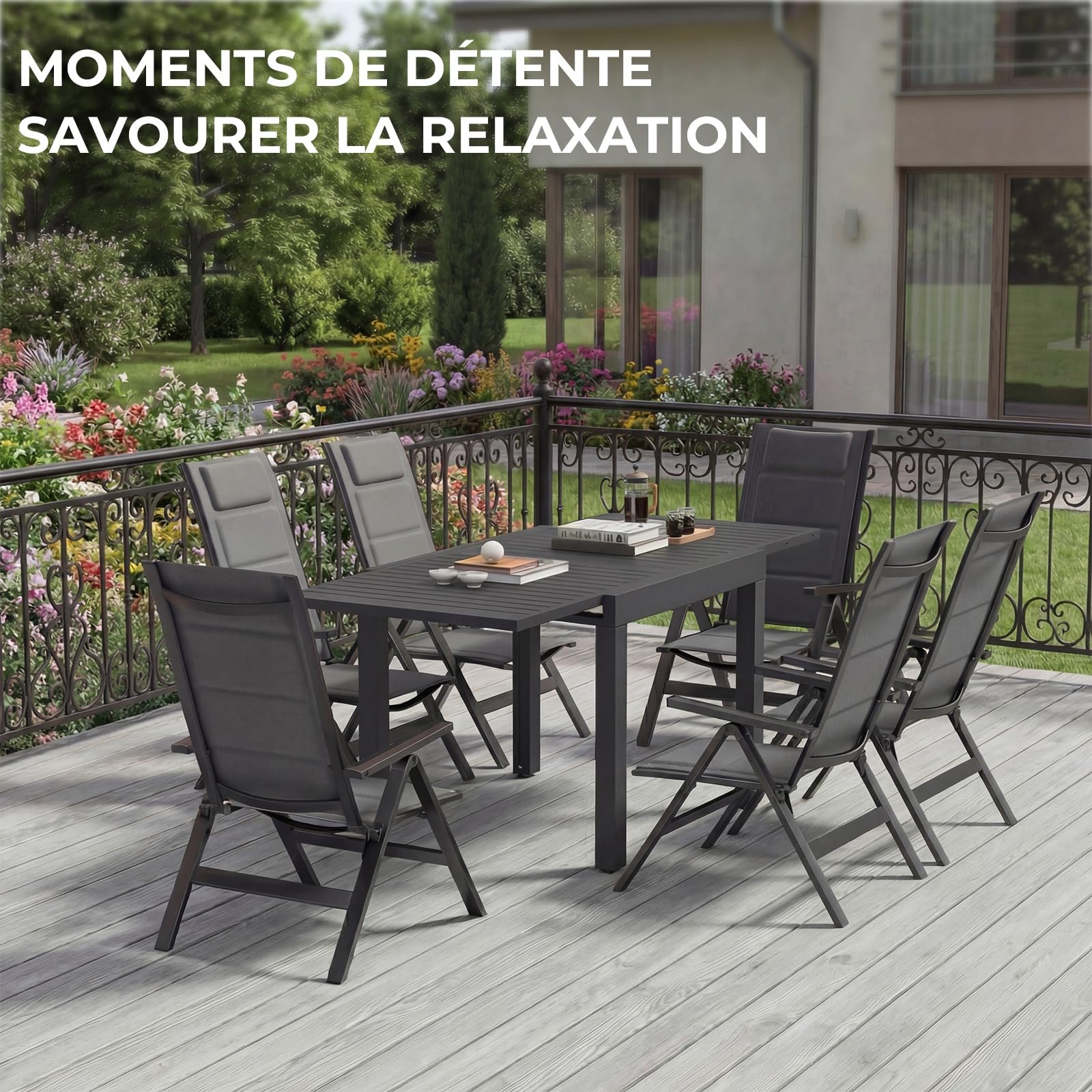 Devoko Salon de Jardin Exterieur 7 Pièces, Composé 1 Table en Aluminium et 6 Chaises Pliantes, Table de Jardin Extensible (80/160 cm), Imperméable Table de Jardin Exterieur avec Chaise, Gris