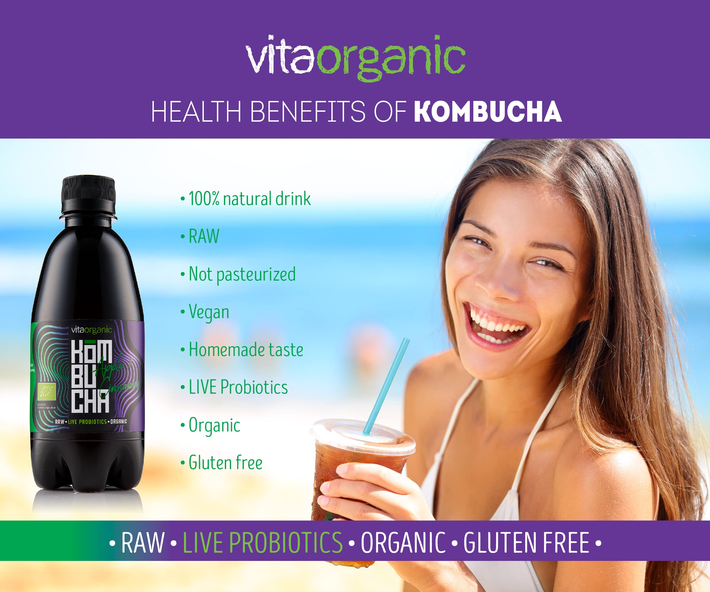 VitaOrganic Té de Kombucha Orgánico 330ml – Té Verde Espumoso con Cultivo de Kombucha Natural Viva – Bebida Fermentada Naturalmente y 100 % Orgánica – Bebida de Té Cruda, Vegana, Sin Gluten y Lactosa