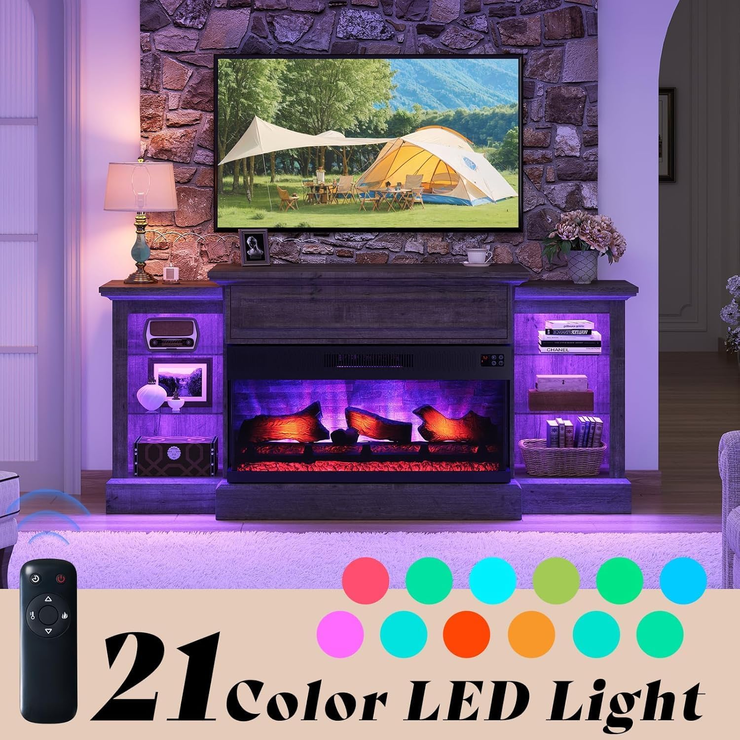 LUXOAK Fireplace TV Stand with 36" 3-Sided Glass Electric Fireplace, 70" Farmhouse Media Entertainment Center with LED Light & Hiden Flip-up Door, TV Console Storage Cabinet for TVs up to 80", Grey