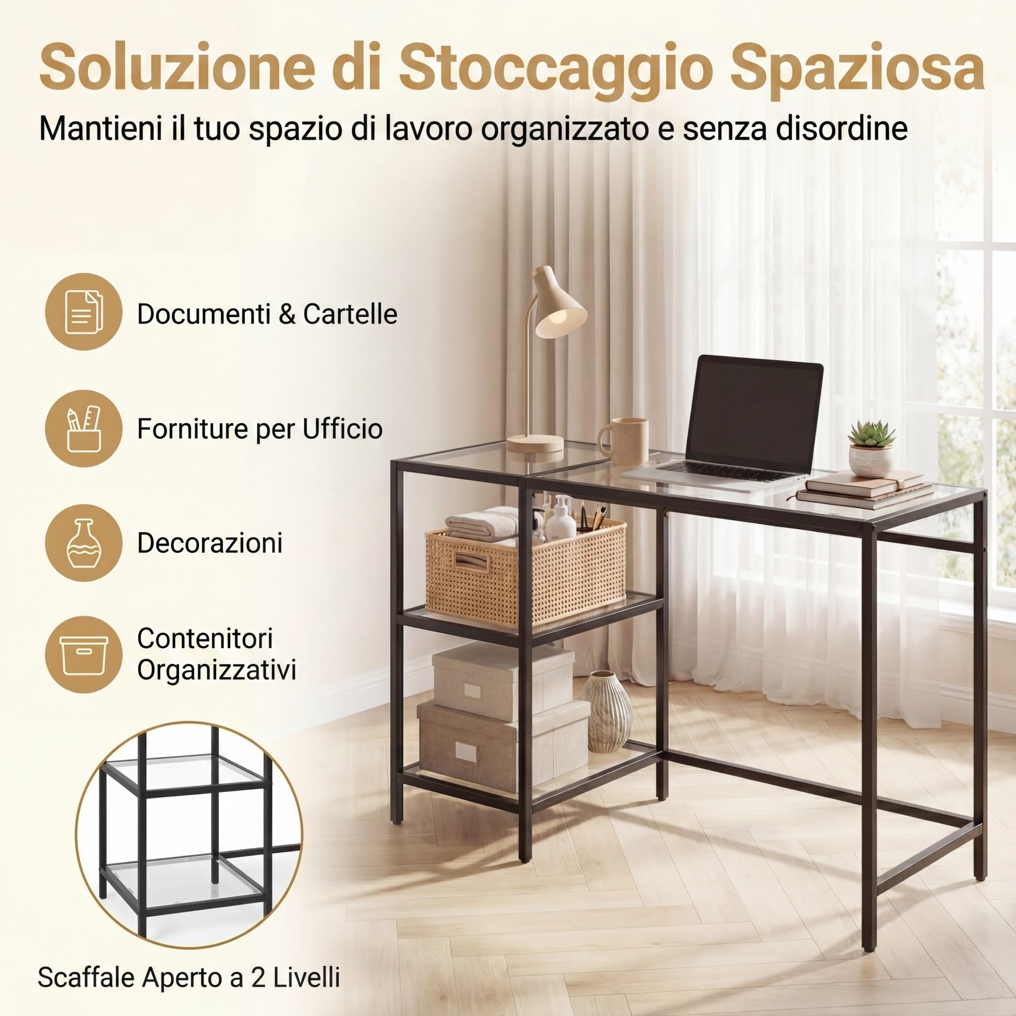 RELAX4LIFE Scrivania in Vetro Temperato, Scrivania per Computer con 2 Ripiani Aperti e Struttura in Metallo, Tavolo Consolle Moderno per Soggiorno, Ufficio e Studio, 106 x 51 x 77,5 cm (Nero)