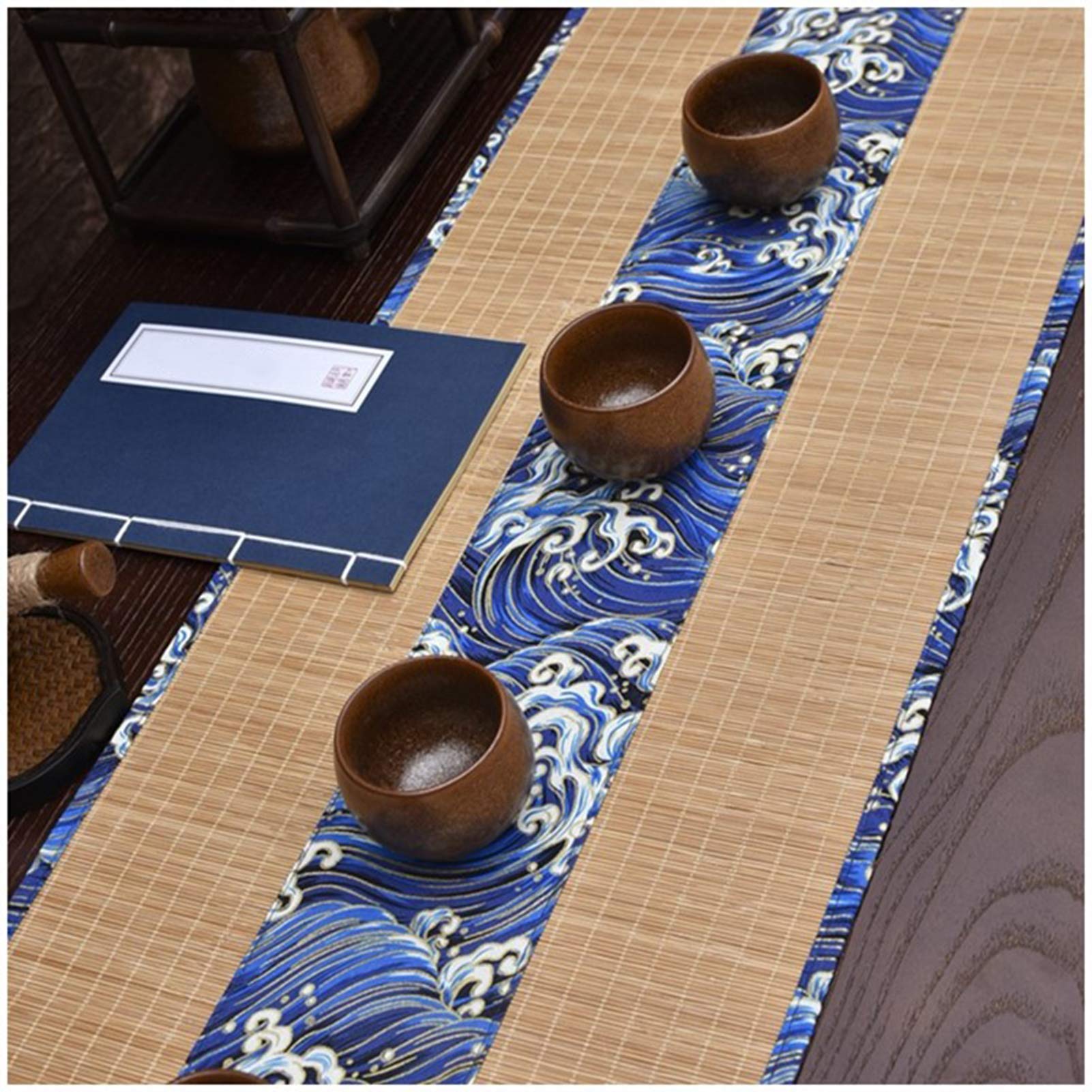 Camino de Mesa Zen Moderno, Mantel de Seda de bambú con patrón de Onda Azul, manteles Individuales Antideslizantes con Bordes para Regalo de Fiestas en la Cocina casera (tamaño: 30