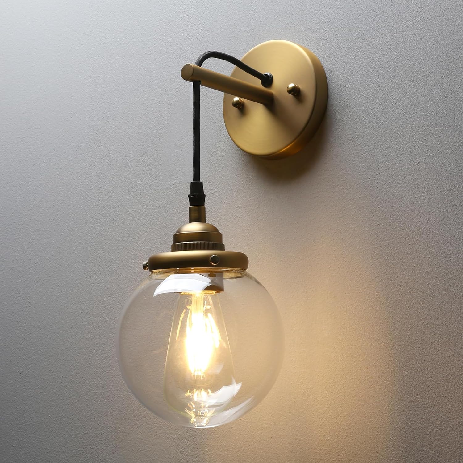 Phansthy Vintage Glass Wall Sconce, Hanging Wire Indoor Wall Lamp, 5.9" Globe Wall Lighting Fixture Adjustable Hanging Cord, Home Decor Art Wall Light Hardwired Farmhouse Wall Sconce (Antique)