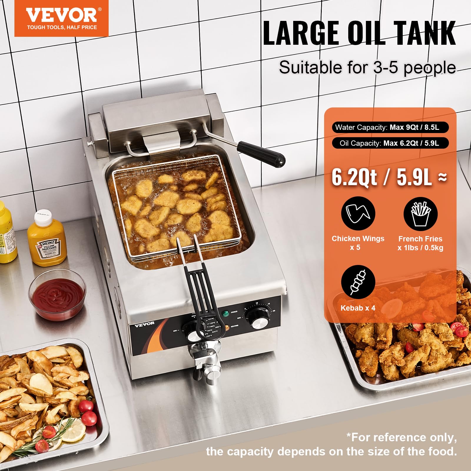 VEVOR Friggitrice Professionale Elettrica da Piano 3000W con Cestello, Friggitrice a Olio Singolo 8,5 L, Acciaio Inox Addensato da 1 mm, Controllo Tempo Temperatura, Uso Cucina Ristorante, Argento