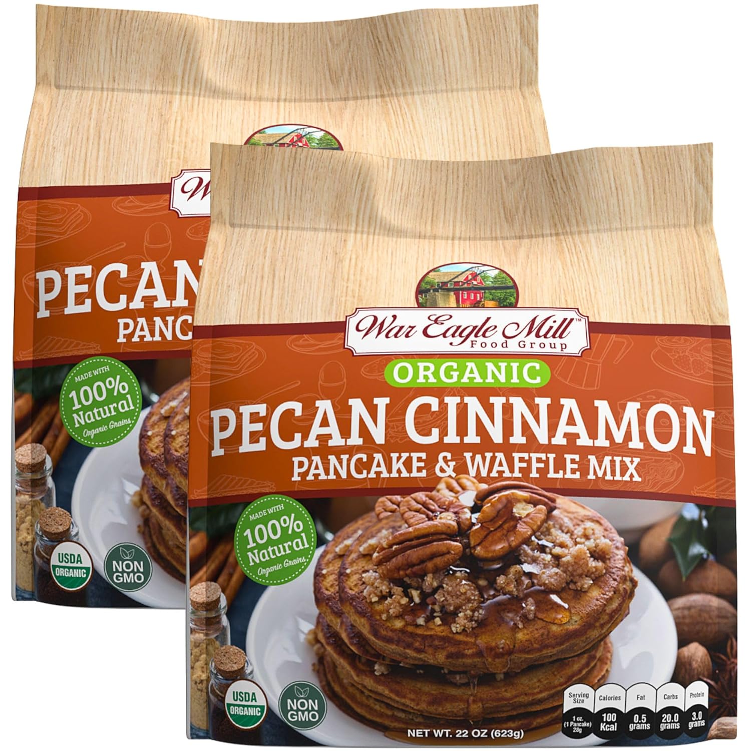 War Eagle Mill Organic Pecan Cinnamon Whole Grain Pancake & Waffle Mix, 22 oz Bag (2 Pack)