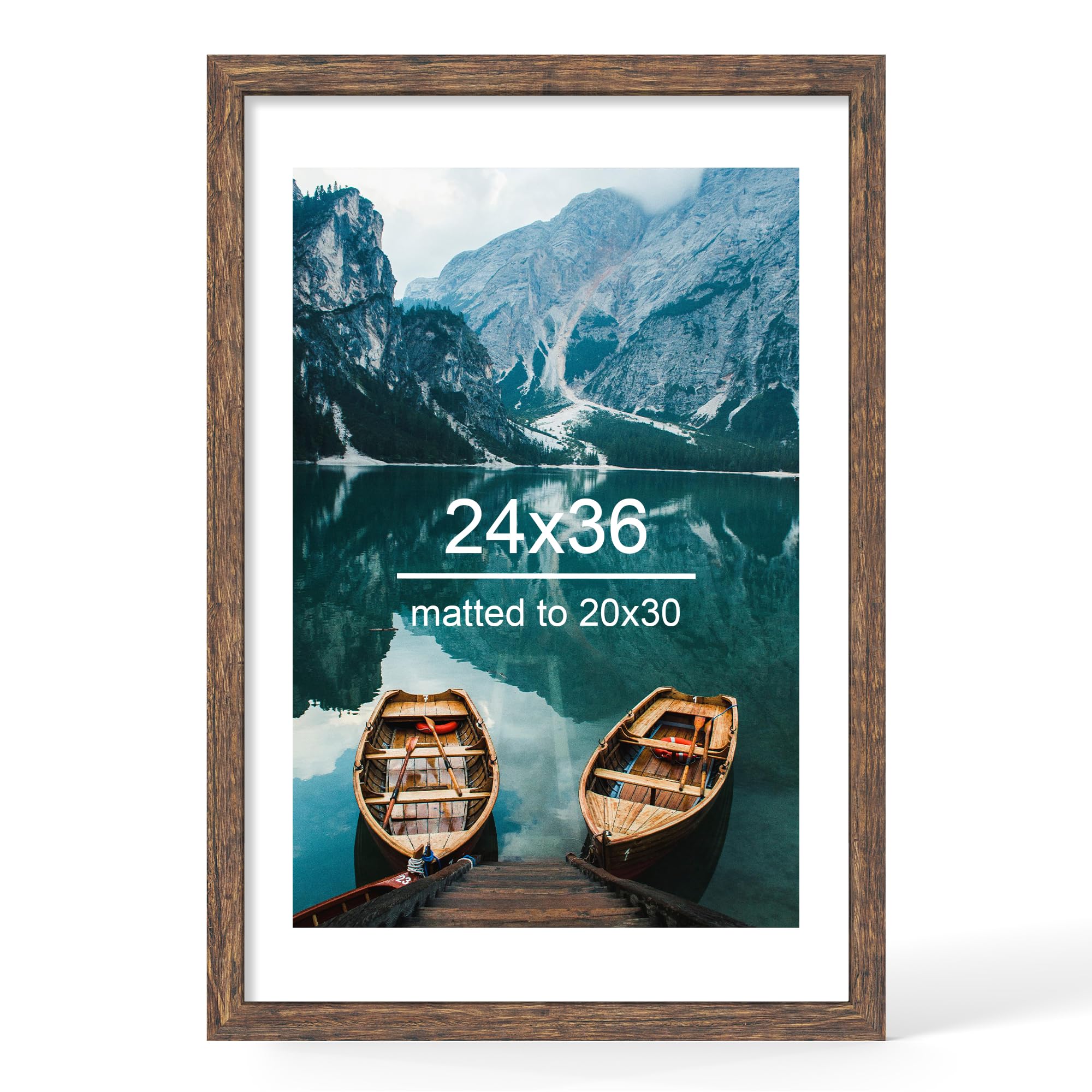 hongkee 24x36 frame, rustic brown wood style - display posters 20 x 30 with mat or 24x30 without mat, wall mounting horizontal and vertical, 1 pack