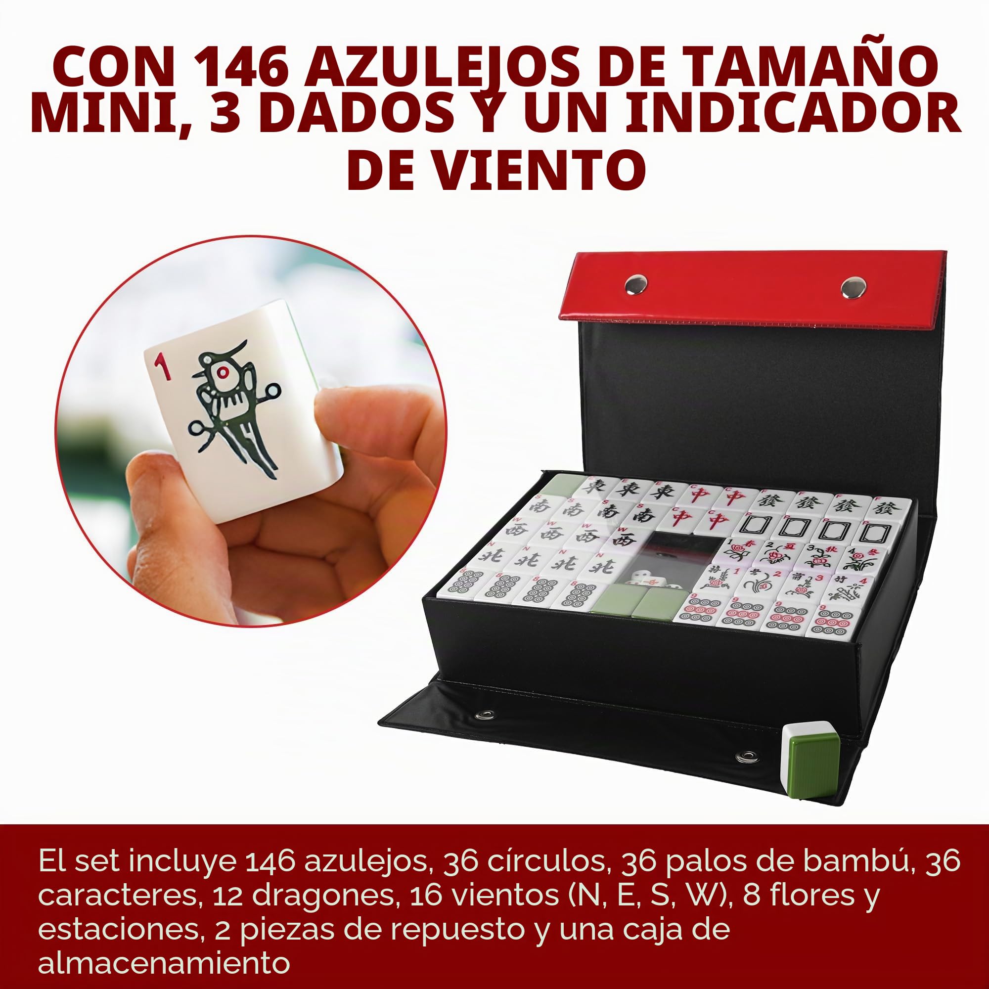 Nisorpa Juego chino Majong de 3x2.25 cm, estructura sólida fácil de leer, juego de azulejos de Mahjong mediano de 144 piezas, juegos completos de Majong para juegos familiares de fiesta de viaje