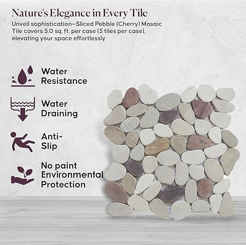 Miniatura 3 de PEBBLETILE.CO Mosaico de guijarros en rodajas de cerezo, azulejos de piedra para paredes de cocina, suelos de ducha y baño, y áreas al aire libre