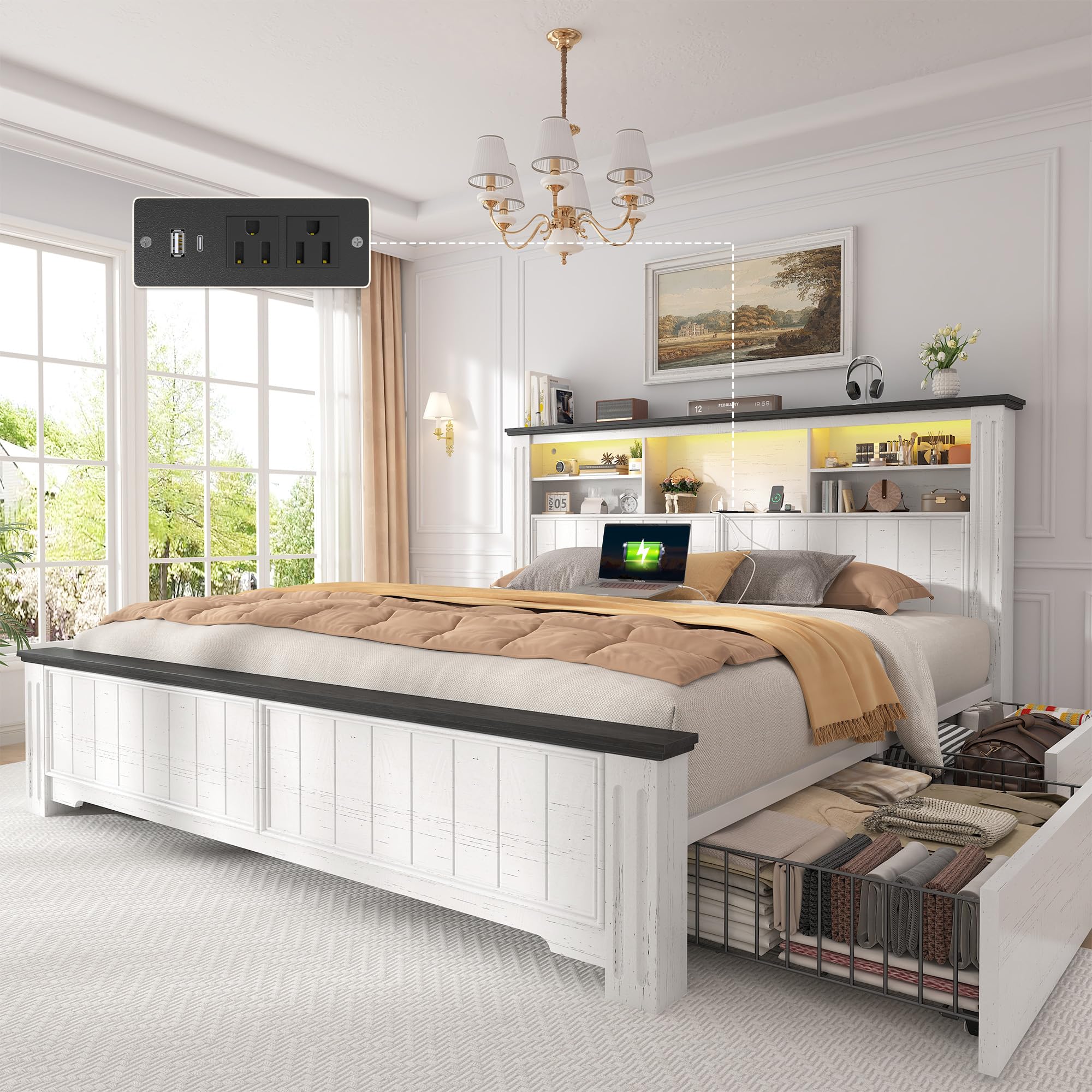 EnHomee Queen Bed Frame with 4 Drawers and Headboard Storage Shelf
