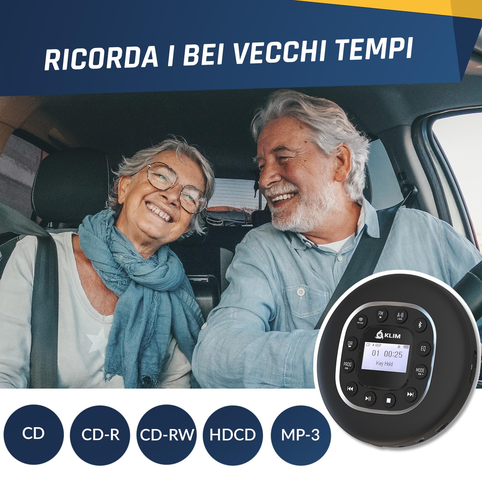 KLIM Journey - Lettore CD HiFi portatile - NUOVO - Cuffie incluse - Radio FM - Compatibile con MP3 CD Audiolibri - Lettore CD per auto - Supporta Bluetooth per Auto, scheda SD, Trasmettitore FM