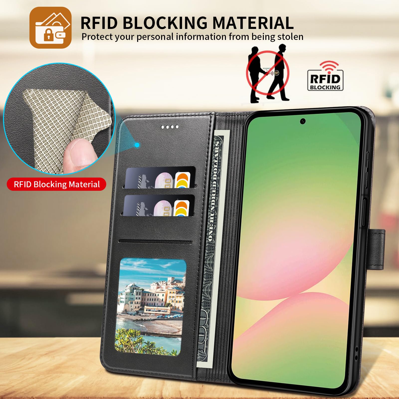 Cover per Samsung Galaxy A56 5G Custodia Cover Pelle Libro con 2 Pellicola Vetro Temperato Protezione Schermo Portafoglio Porta Carte Antiurto Cuoio Flip Case Custodia Cover,Nero