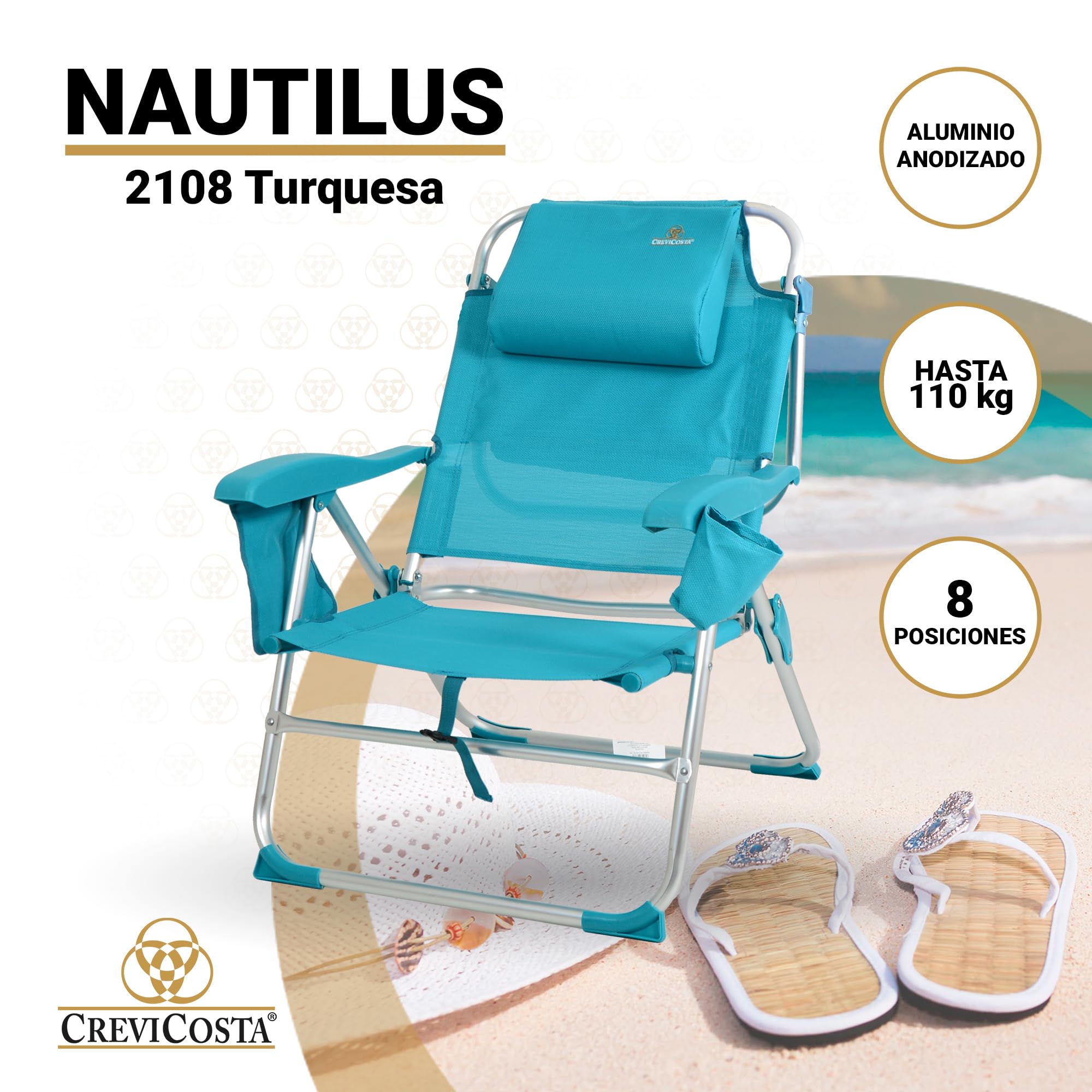 CREVICOSTA QUALITY MARK MARCAS DE CALIDAD - Nautilus 2108 - Silla de Playa Plegable con Nuevo cojín ergonómico y Nueva Nevera incorporada. 8 Posiciones (Turquesa)