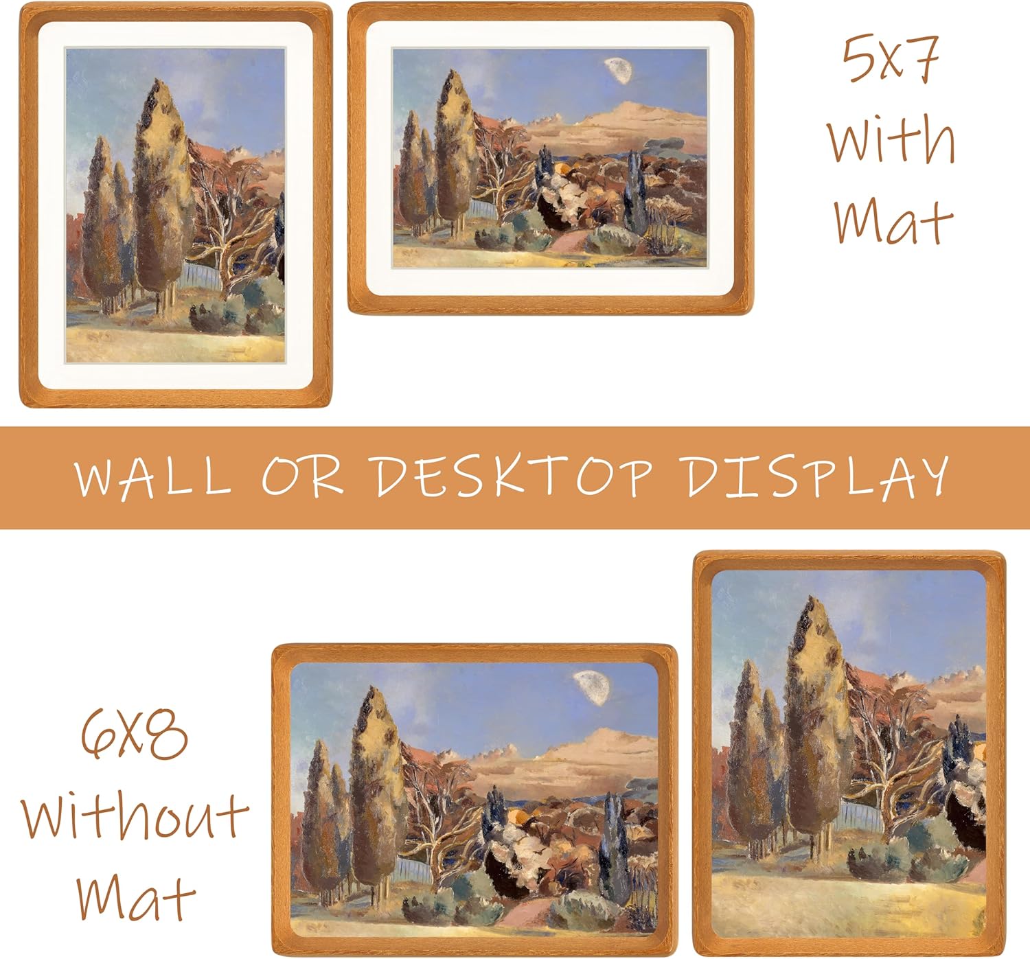 6x8 Picture Frame with Mat for 5x7, Natural Teak Wood Handcrafted Rounded Corner with Real Glass, Vertical or Horizontal Display Photo Gallery Wall & Tabletop Frame