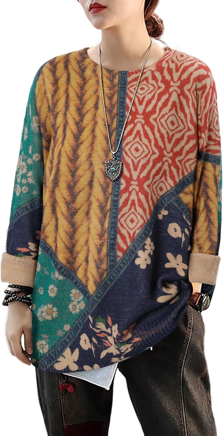 CRAZY GRID Women Knitt Pullover Sweaters Winter Patterned Oversized Long Sleeve Graphic Print Jumper Tops - Image 2