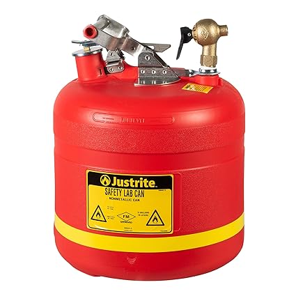 Justrite 14540 Polyethylene Nonmetallic Safety Can with Brass Top Faucet, 5 Gallon Capacity, Red