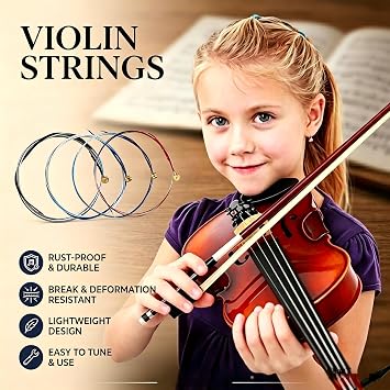 8 PCS Violin Strings 4/4 Full Set with 2 Cleaning Cloths, Universal Steel Core Fiddle Strings for 4/4, 3/4, 1/2, 1/4 Size Violins, Ideal for Beginners, Students & Daily Practice