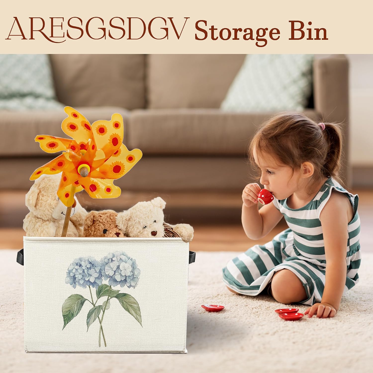 Blue Hydrangea Floral Storage Bin Basket, Hydrangea Gifts, Cottagecore Flower Collapsible Laundry Baskets with Handles Organizer for Bedroom Bathroom Clothes Toys Books