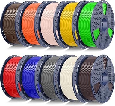 SUNLU PLA + 2.0 3D Printer Filament Bundle, 10KG Upgraded PLA + Filament 1.75mm Multicolor 1kg Spool 10 Pack Roast Chestnut + Bone + Grey + Coffee+Red + Klein Blue + Green + Vivid Yellow + Beige +