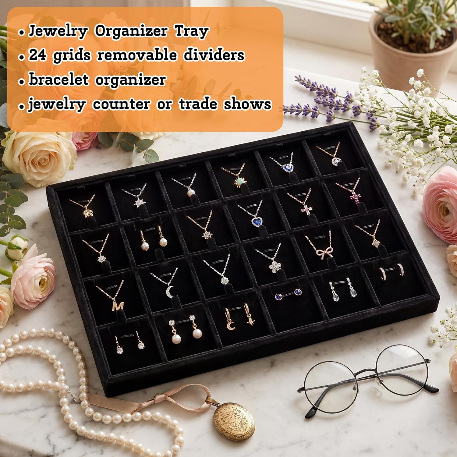 2 Pcs 24 Grid Stackable Jewelry Organizer Tray with Removable Dividers Ice Velvet Jewelry Display Showcase Tray for Necklace Earring Ring Bracelet Holder (Black Velvet)