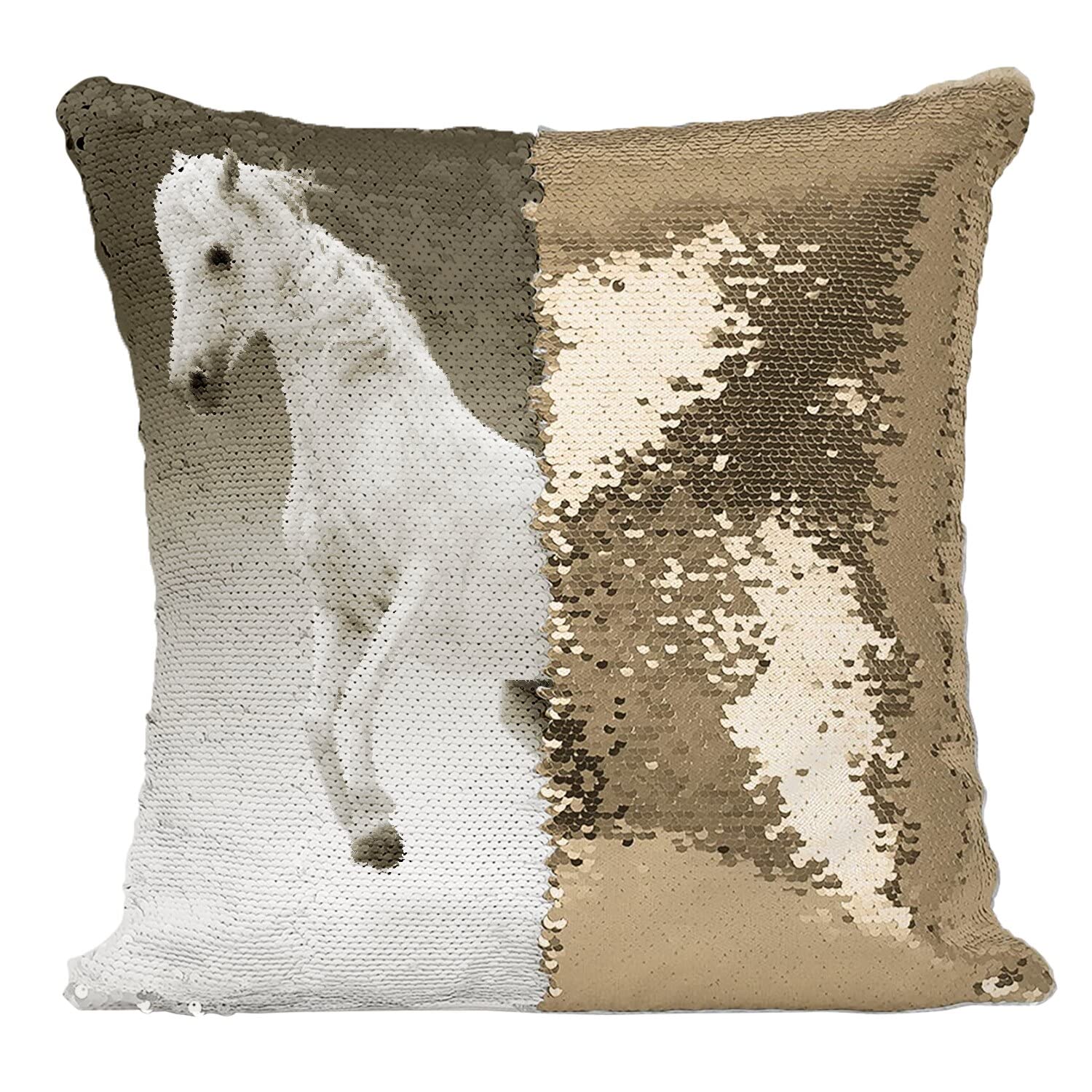 Paillettes doré coussin housse sequin cheval blanc galop deco salon