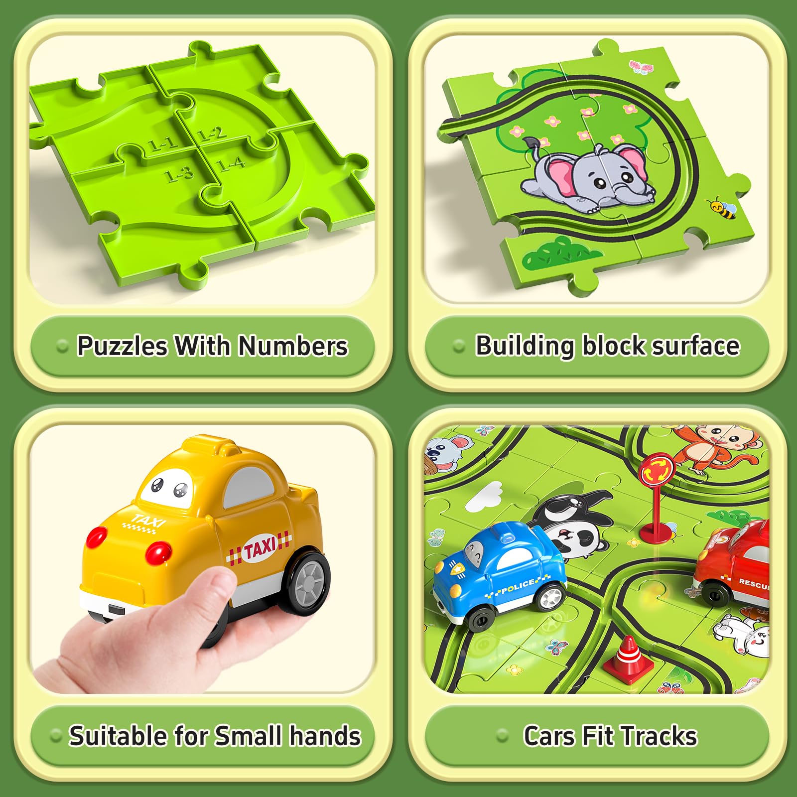 JUKUDAHU 64-teiliges Puzzle Bahnen für Kinder 3-6 Jahre | DIY Auto Rennbahn, 3 Rutsche-Autos, Tier-Thema, Geburtstagsgeschenk für Jungen Mädchen Kleinkinder 5-8 Jahre