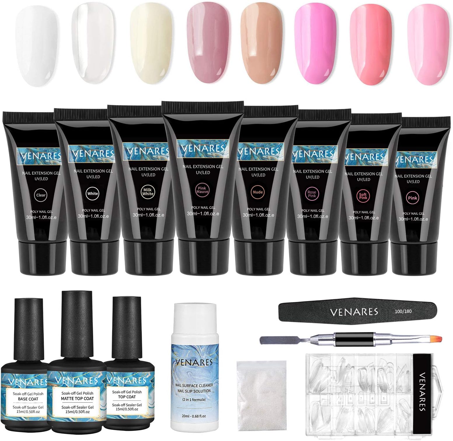 Nail Extension Gel, Venares 8 Colors * 30ml Polygel Kit with 100Pcs Quick Building Mold Tips and Slip Solution, Quick Dry French All in One Poly Nail Gel Kit for Beginners and Professonal