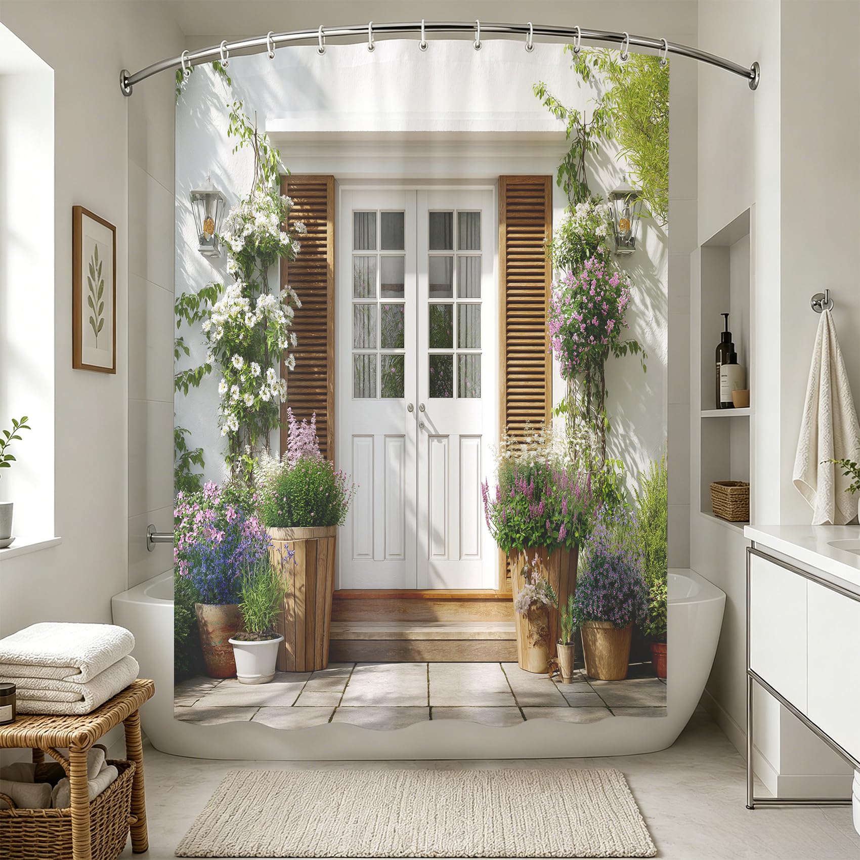 Extra Breit Duschvorhang Blühender Hauseingang 240x200 cm, Waschbar Duschvorhänge Ländliche Gartenszene, Wasserabweisend Polyester Stoff mit Haken, Dekor Badezimmervorhang für Badewanne Dusche 7Pf38