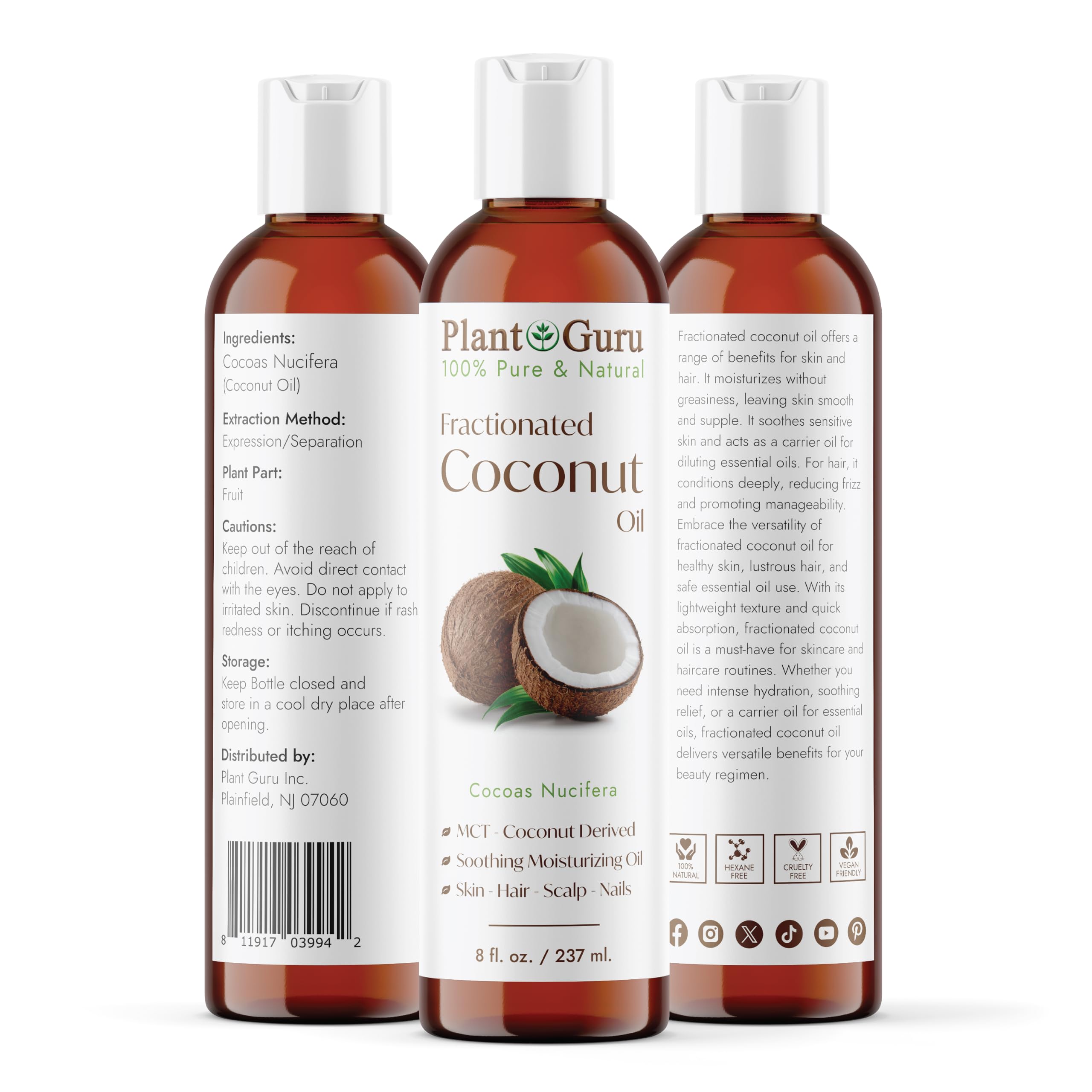 Plant Guru Fractionated Coconut Oil 8 fl. oz 100% Pure MCT Natural Carrier - Skin, Face, Body, Massage and Hair Growth Moisturizer, Great for Diluting Aromatherapy Essential Oils