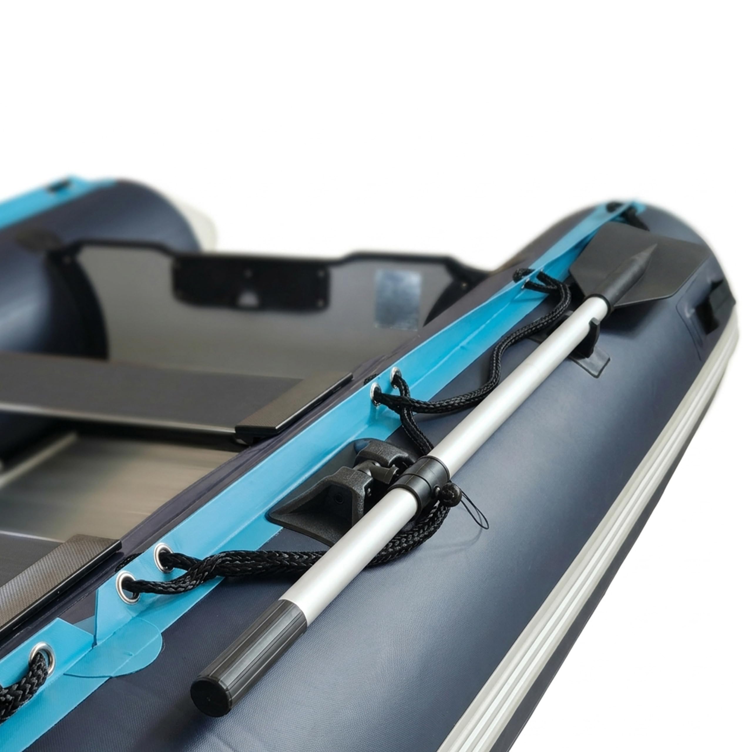 Relaxdays Set Bote Hinchable, 4 Personas, 3,20 m, remos, Bomba & Bolsa, Fondo de Aluminio, para Pesca, Azul y Blanco