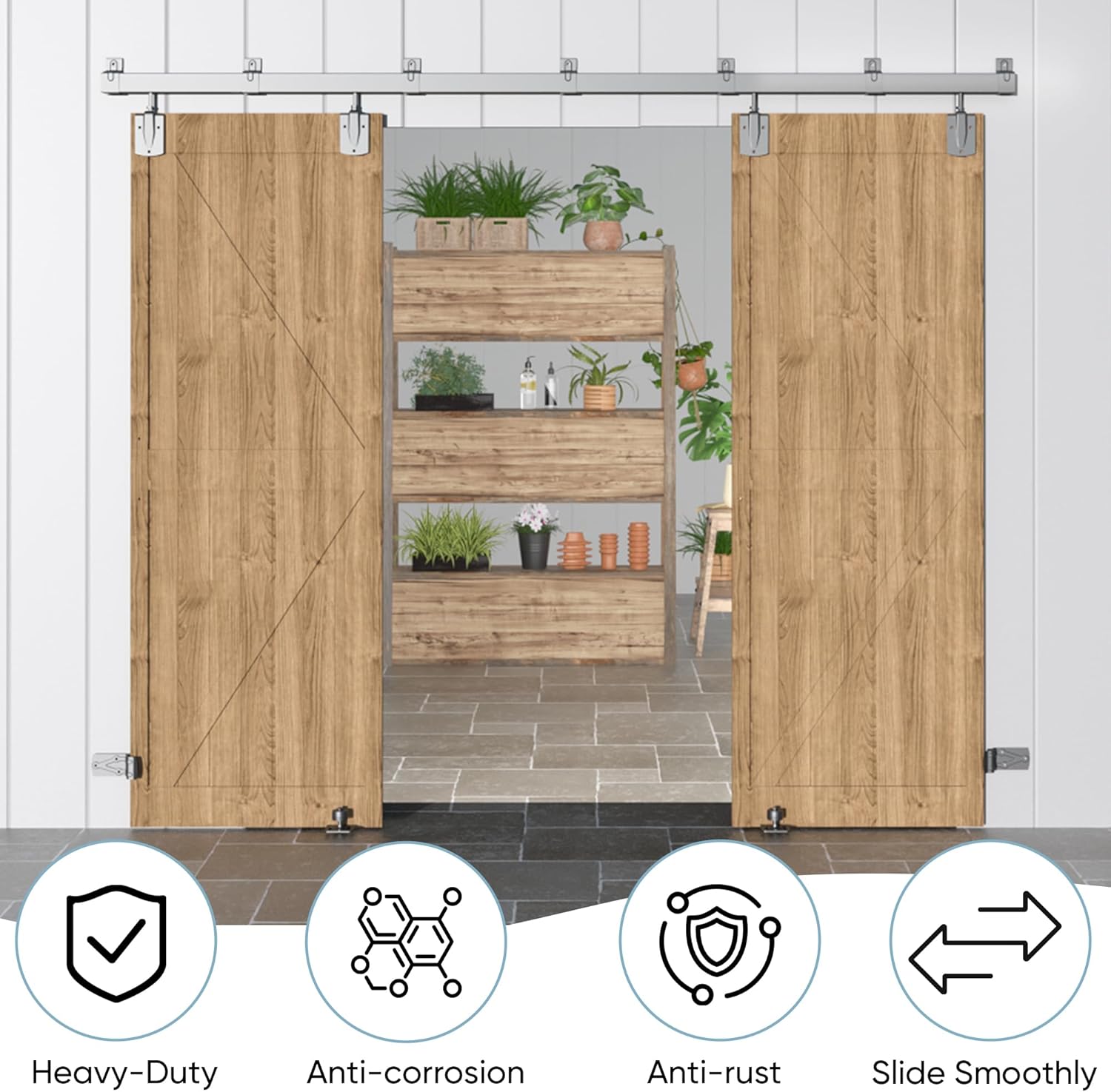 12FT Heavy Duty Box Rail Exterior Barn Door Hardware Kit, Sliding Door Hardware, Outdoor Barn Door Hardware Kit for 2 Doors(Door not Include), 450 lbs Capacity, Silver