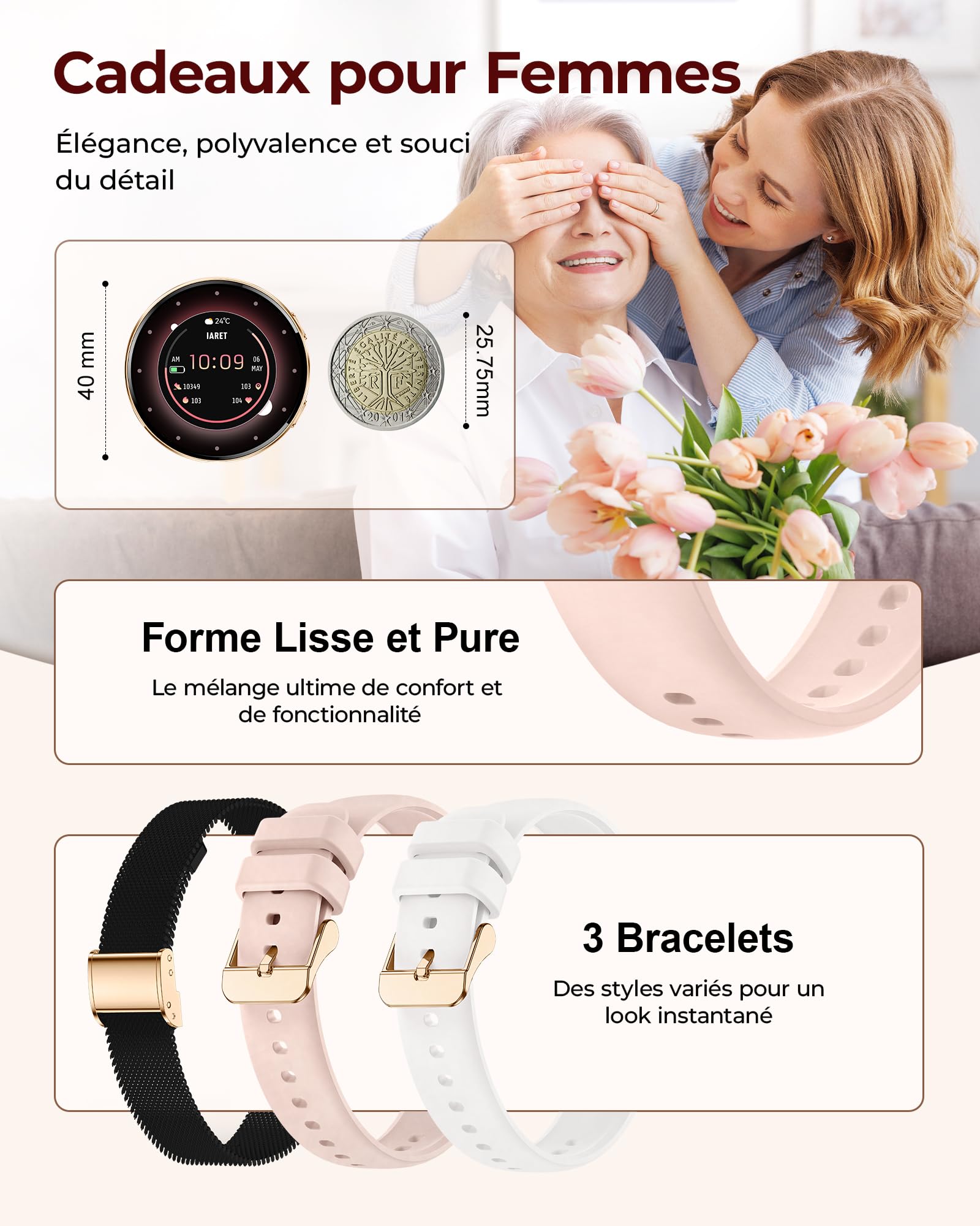 Iaret Montre Connectée Femme avec 3 Bracelets, 1,27" Écran AMOLED Always-on, Appel Bluetooth, 120+ Modes Sport, SpO2/Cardio/Sommeil, Smartwatch Ronde pour Android iOS, Cadeau (Or Noir)