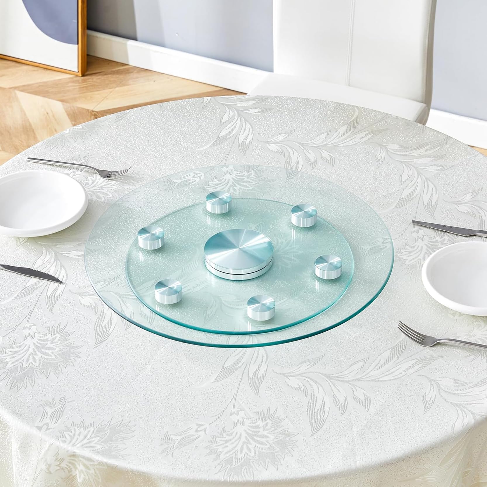Lazy Susan Drehteller aus gehärtetem Glas, 80 cm, 360° drehbar, Serviertablett mit Drehhilfe, runder Mittelstück für Familienfeiern und Bankette