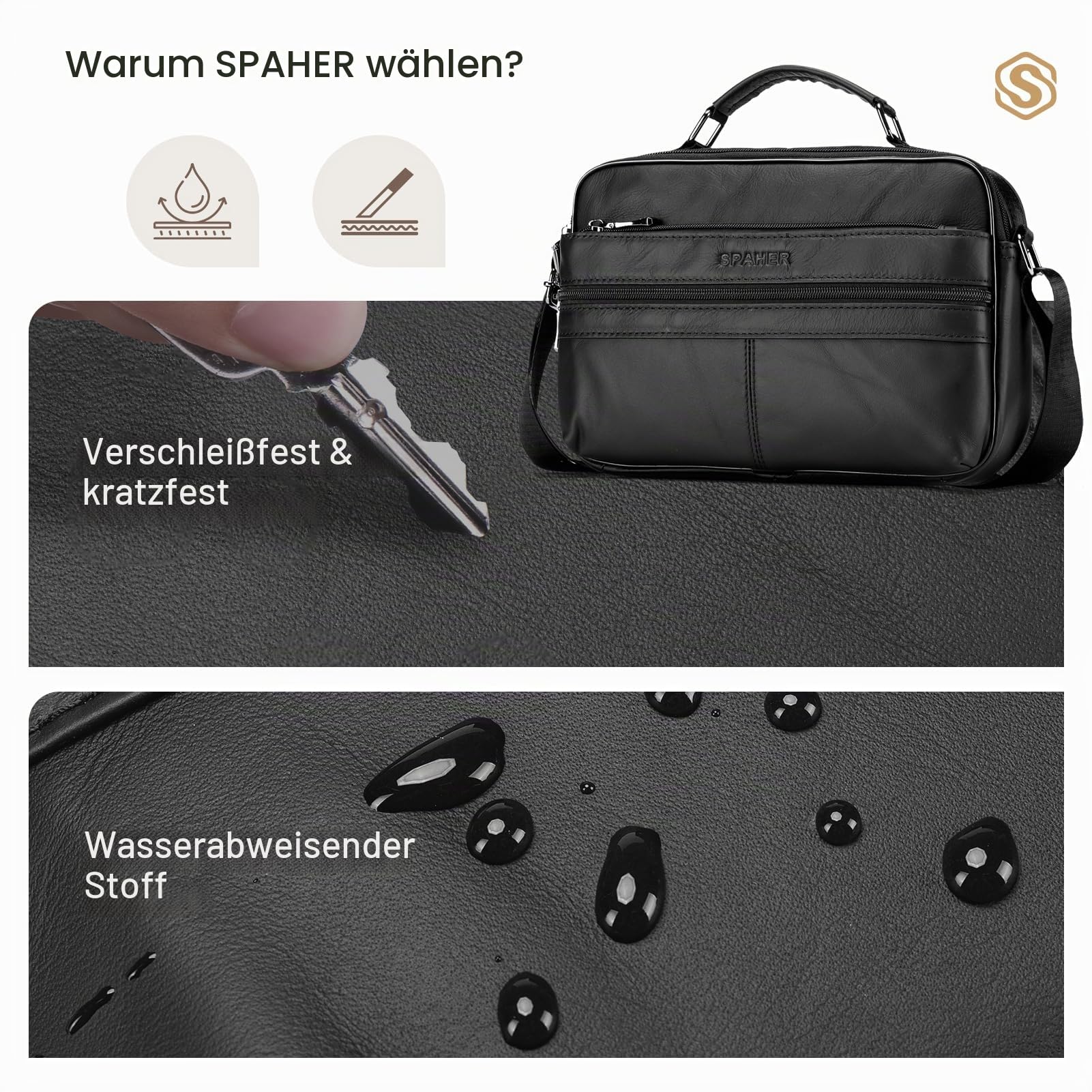 SPAHER Umhängetasche Leder Herren Herrentasche Schultertasche Echtes Leder Messenger Bags Handgelenktasche Herren Schultertasche Crossbody Bag Geschenk für Männer Schwarz