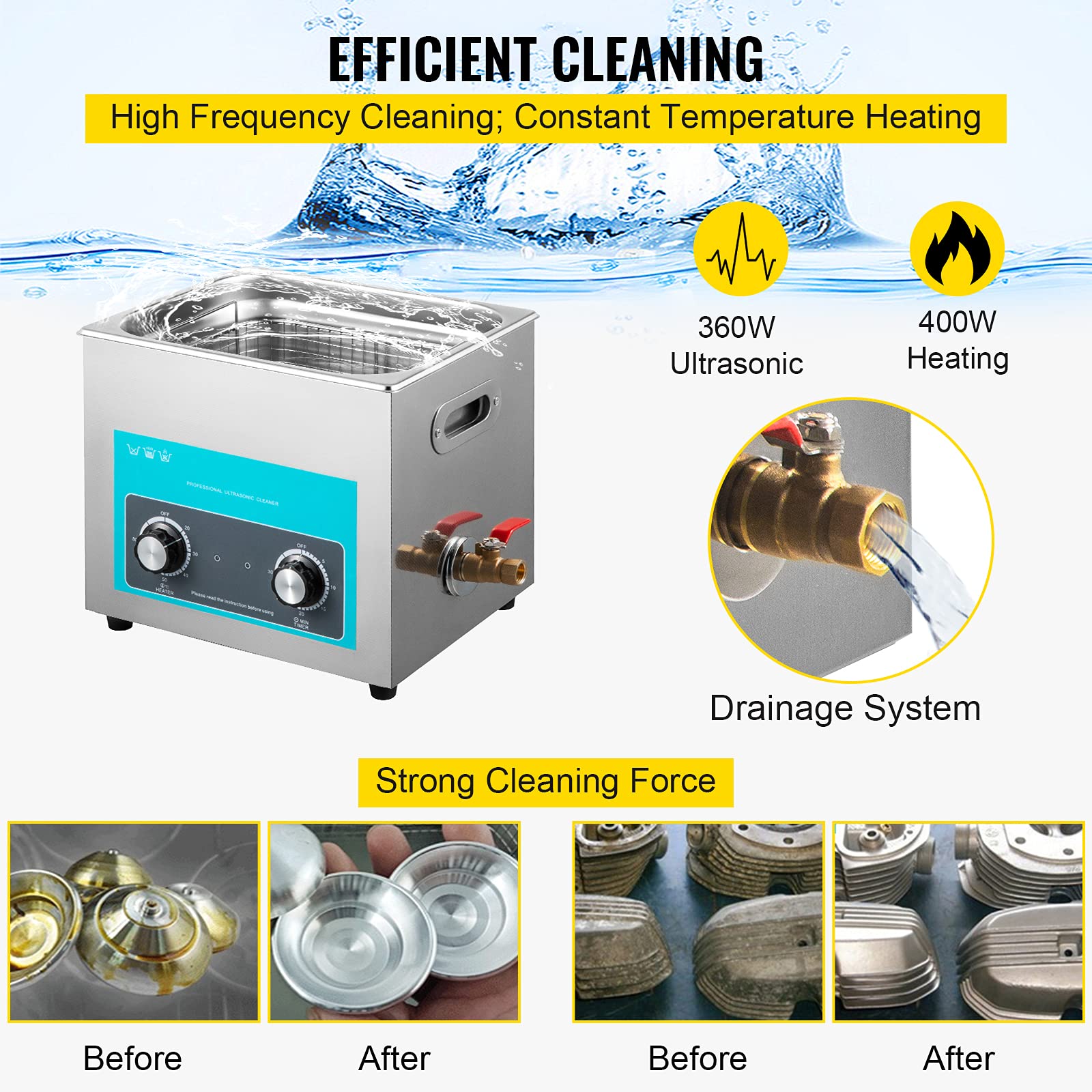 VEVOR Knob Control Ultrasonic - Pulitore ultrasonico ad ultrasuoni, 15 l, dispositivo di pulizia ad ultrasuoni con riscaldamento, pulitore a ultrasuoni ad ultrasuoni 220 V, pulitore digitale ad
